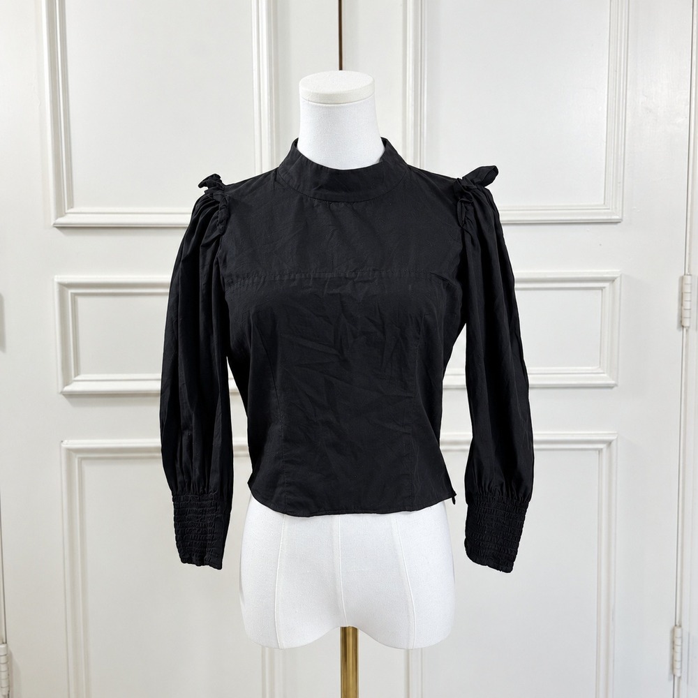 Zara Mock Neck Ruffle Shoulder Blouse Women's M Black Victorian Gothic
